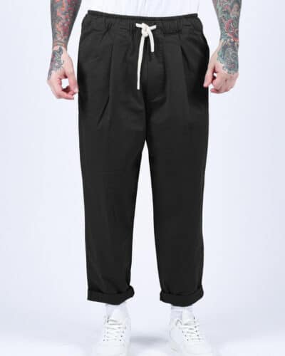 TELAMIRA Pantalone carrot fit in cotone con coulisse in vita e cordino GCP009 Nero