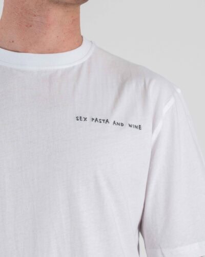 TOOCO T-shirt regular in cotone jersey con scritta ricamo cuore SEX PASTA AND WINE Bianco