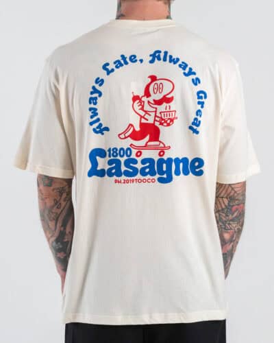 TOOCO T-shirt regular in cotone jersey con stampa fronte e retro LASAGNE Crema