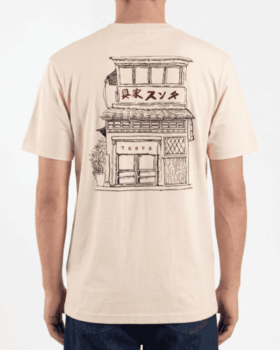 TOOCO T-shirt regular in cotone jersey con stampa resturant fronte e retro JAPAN Crema