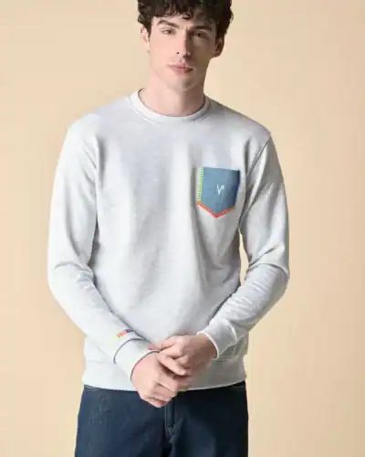 V2 Felpa regular a girocollo con taschino in jeans e ricamo fluo Grigio Melange
