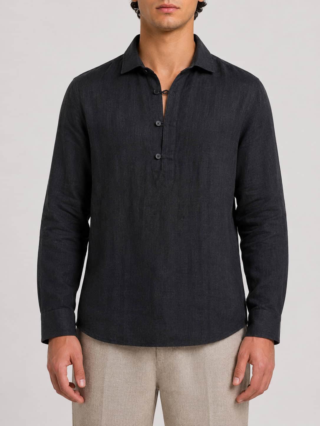 SEINSE Camicia regular mezza abbottonatura in lino con colletto CE1089SS Nera
