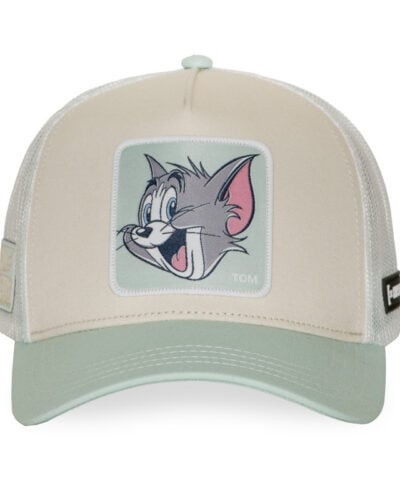 CAPSLAB Cappellino beige con visiera verde menta,retina bianca e patch TOM