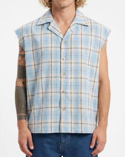 Camicia boxy fit smanicata con scollo a V in fantasia quadri 7817 Celeste