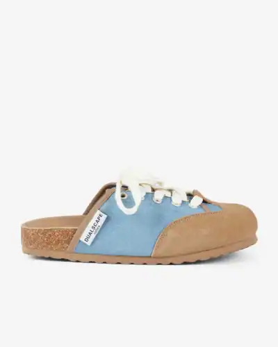 DUALSCAPE Sabot unisex in tessuto jeans e camoscio con lacci VELVERA C03 Azzurro/Cuoio