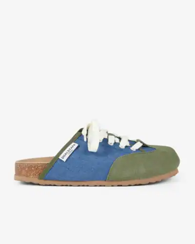 DUALSCAPE Sabot unisex in tessuto jeans e camoscio con lacci VELVERA C04 Blu/Verde