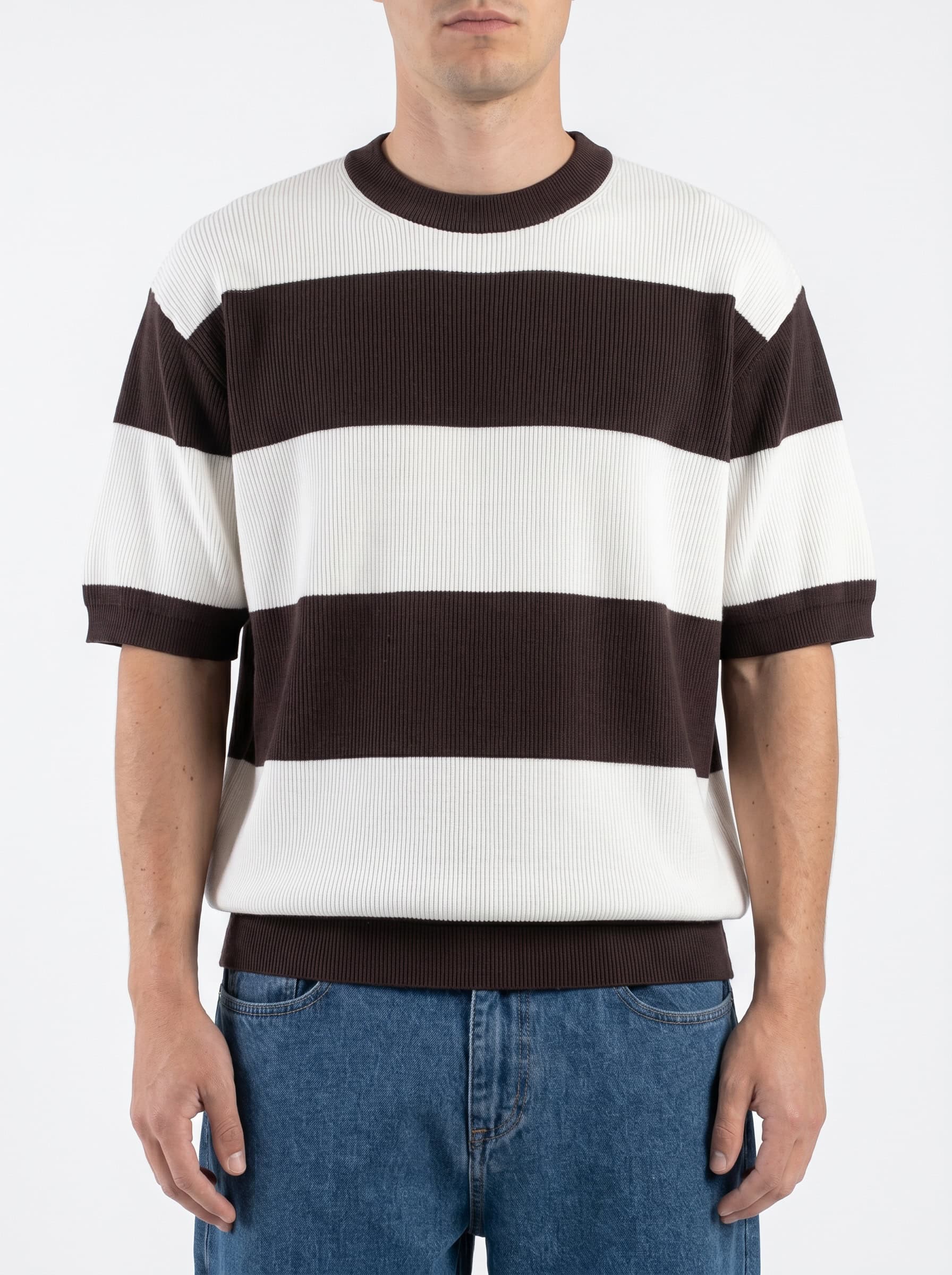 Maglia girocollo regular leggera a righe in cotone 85896 Moro