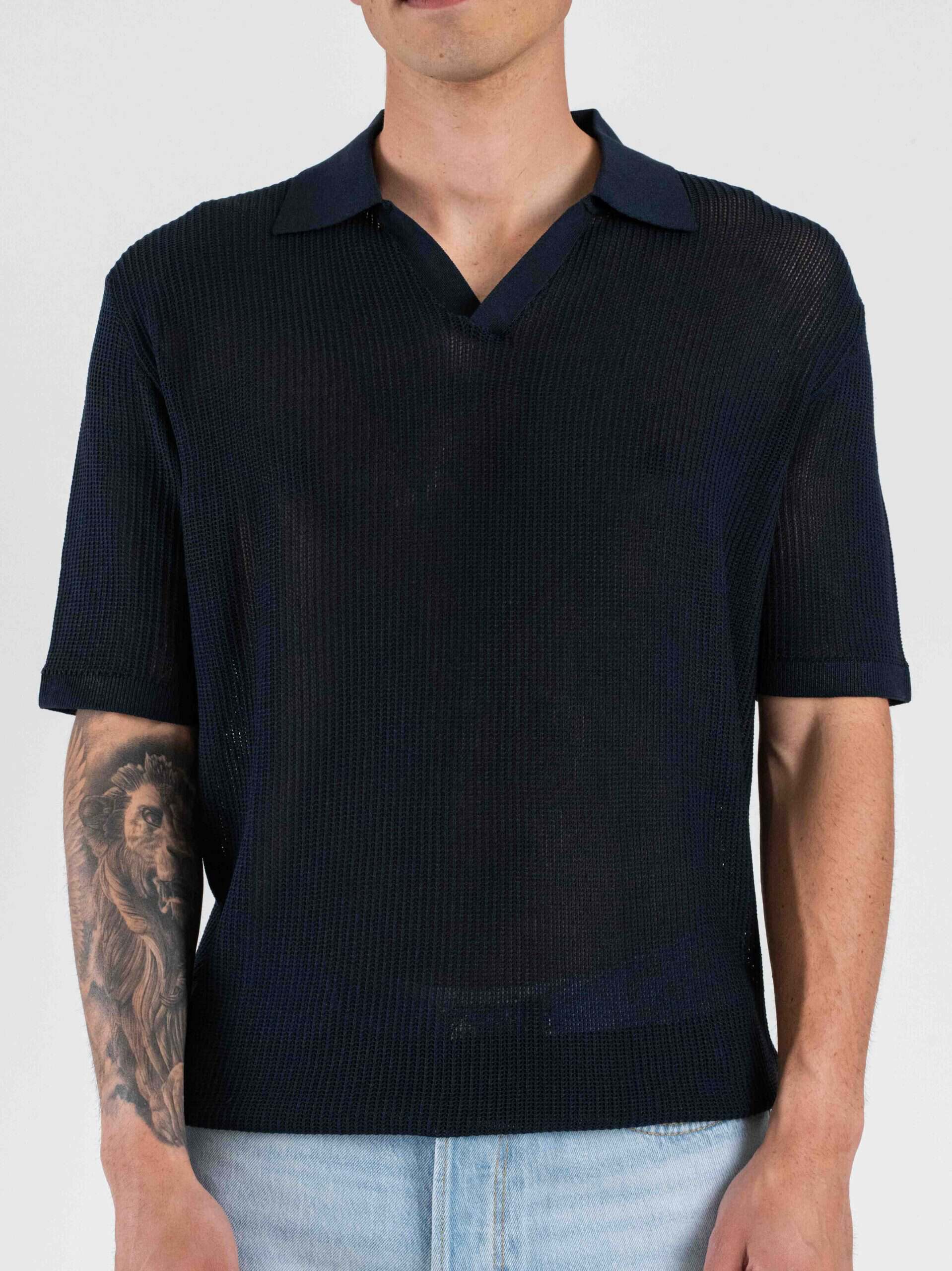 SEINSE Polo regular traforata con collo a V ME3203SS Blu