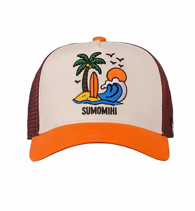 SUMOMIHI Cappellino bianco con retina marrone becca arancio e patch stampa SURF PARADISE