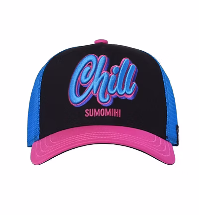 SUMOMIHI Cappellino nero con retina azzurra becca rosa e patch stampa CHILL
