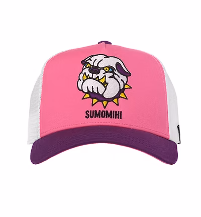 SUMOMIHI Cappellino rosa con retina bianca becca viola e patch stampa BULLY