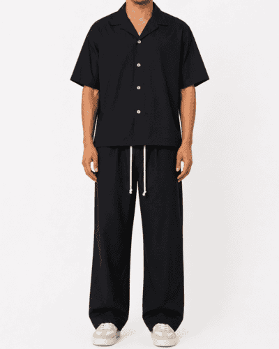 Coordinato boxy fit con camicia m/m+pantalone morbido con coulisse in vita 840 Nero