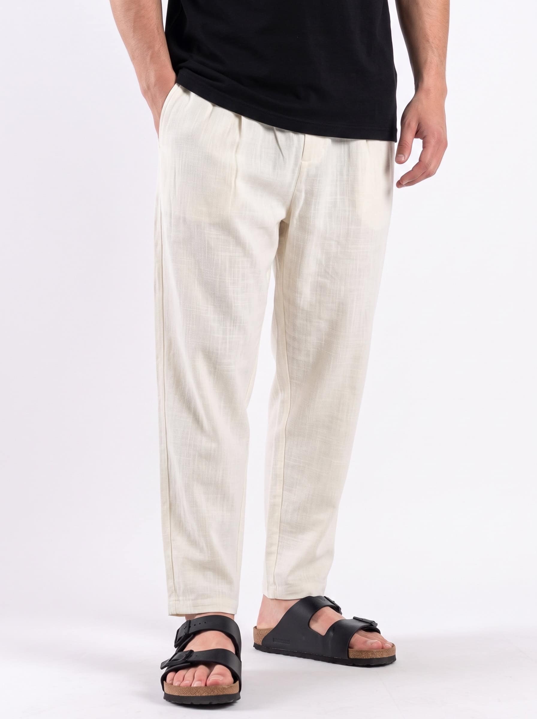ESTASI Pantalaccio slim morbido in lino con coulisse in vita PAPEETE Crema