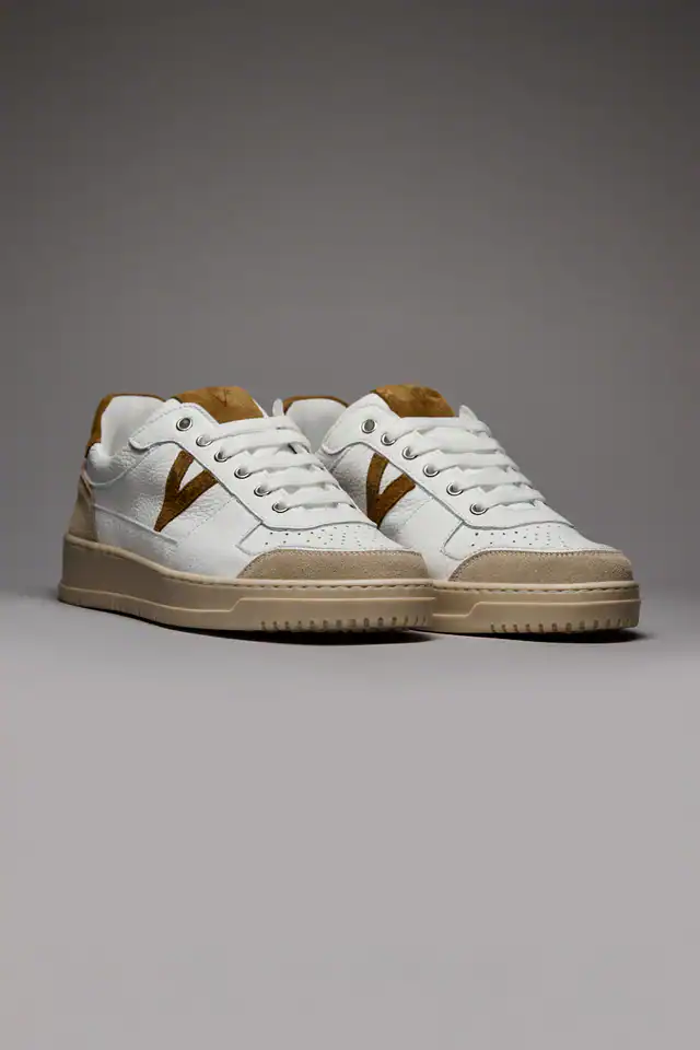 V2 Sneakers in pelle bianca con V a contrasto e tallone in camoscio beige SUCOLMO Bianco/marrone