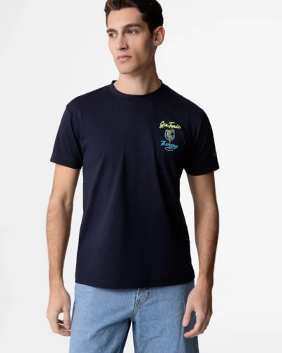 SUPERCULTURE T-shirt regular in cotone con stampa e ricamo lato cuore "GIN TONIC THERAPY" A1839 blu