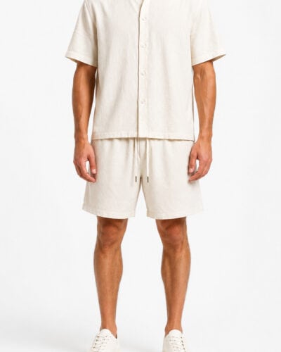Coordinato in misto lino boxy fit con Camicia m/m+Bermuda morbido con coulisse 5016 Beige