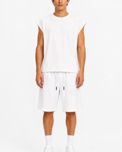Coordinato in cotone boxy fit con Canotta + Bermuda morbido con coulisse CQ84 Bianco