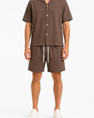 Coordinato in misto lino boxy fit con Camicia m/m+Bermuda morbido con coulisse 5016 Moro