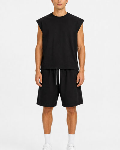 Coordinato in cotone boxy fit con Canotta + Bermuda morbido con coulisse CQ84 Nero