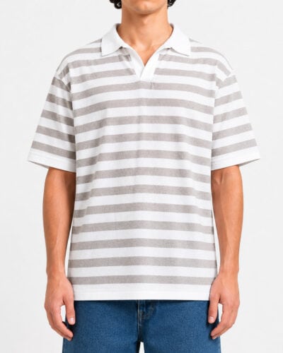 Polo rigata in maglia con collo a V AJ775 White