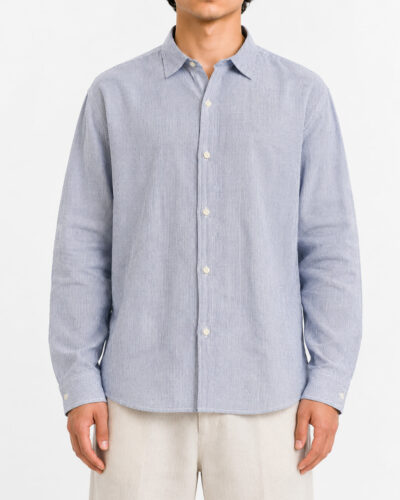 TELAMIRA Camicia a righe sottile in lino con collo alla francese BTC023 Celeste