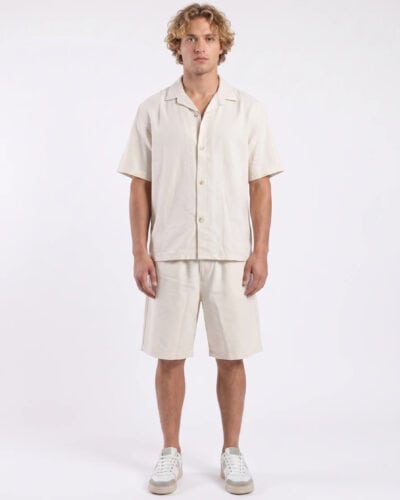 Coordinato in misto lino boxy fit con Camicia m/m+Bermuda morbido con coulisse 5016 Beige
