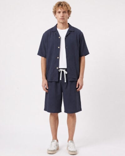 Coordinato in misto lino boxy fit con Camicia m/m+Bermuda morbido con coulisse 5016 Blu