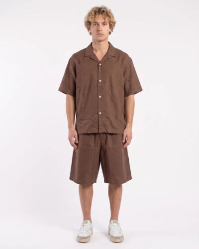 Coordinato in misto lino boxy fit con Camicia m/m+Bermuda morbido con coulisse 5016 Moro