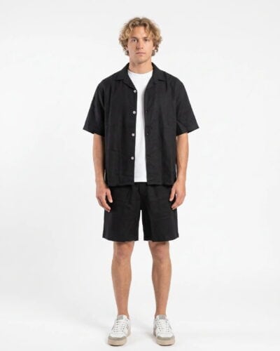 Coordinato in misto lino boxy fit con Camicia m/m+Bermuda morbido con coulisse 5016 Nero