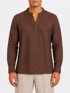 SEINSE Camicia regular in lino con colletto coreana e scollo a V CE1124SS Moka