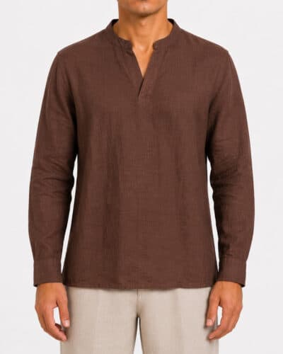 SEINSE Camicia regular in lino con colletto coreana e scollo a V CE1124SS Moka