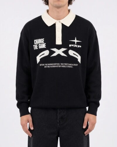 PXP Polo boxy in maglia con colletto e stampa a contrasto 2661014 Black